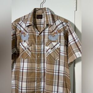 Plains Mens, vintage brown plaid, armadillo, lone star, pearl snap shirt L